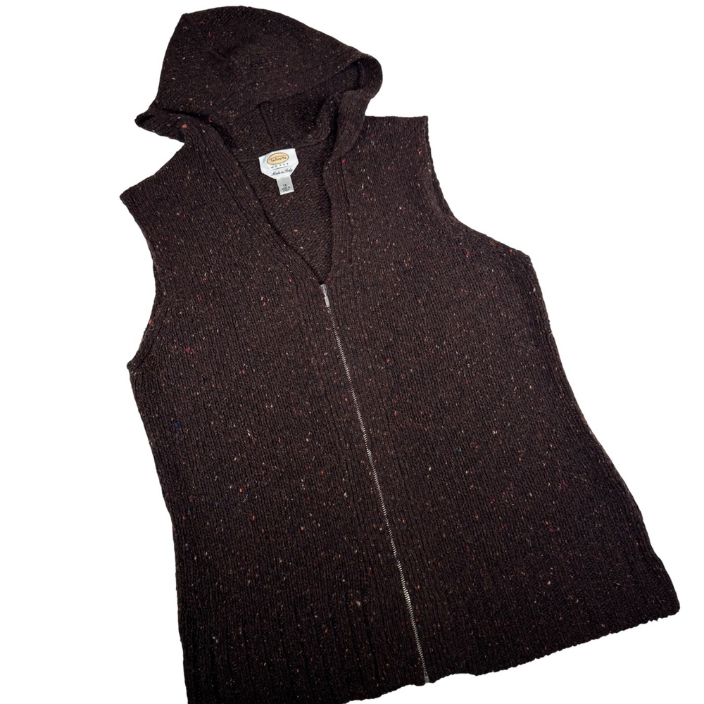 Talbots Woman Brown Speckled Knit Zip Up Wool Blend Hooded Vest 1X Made in Italy